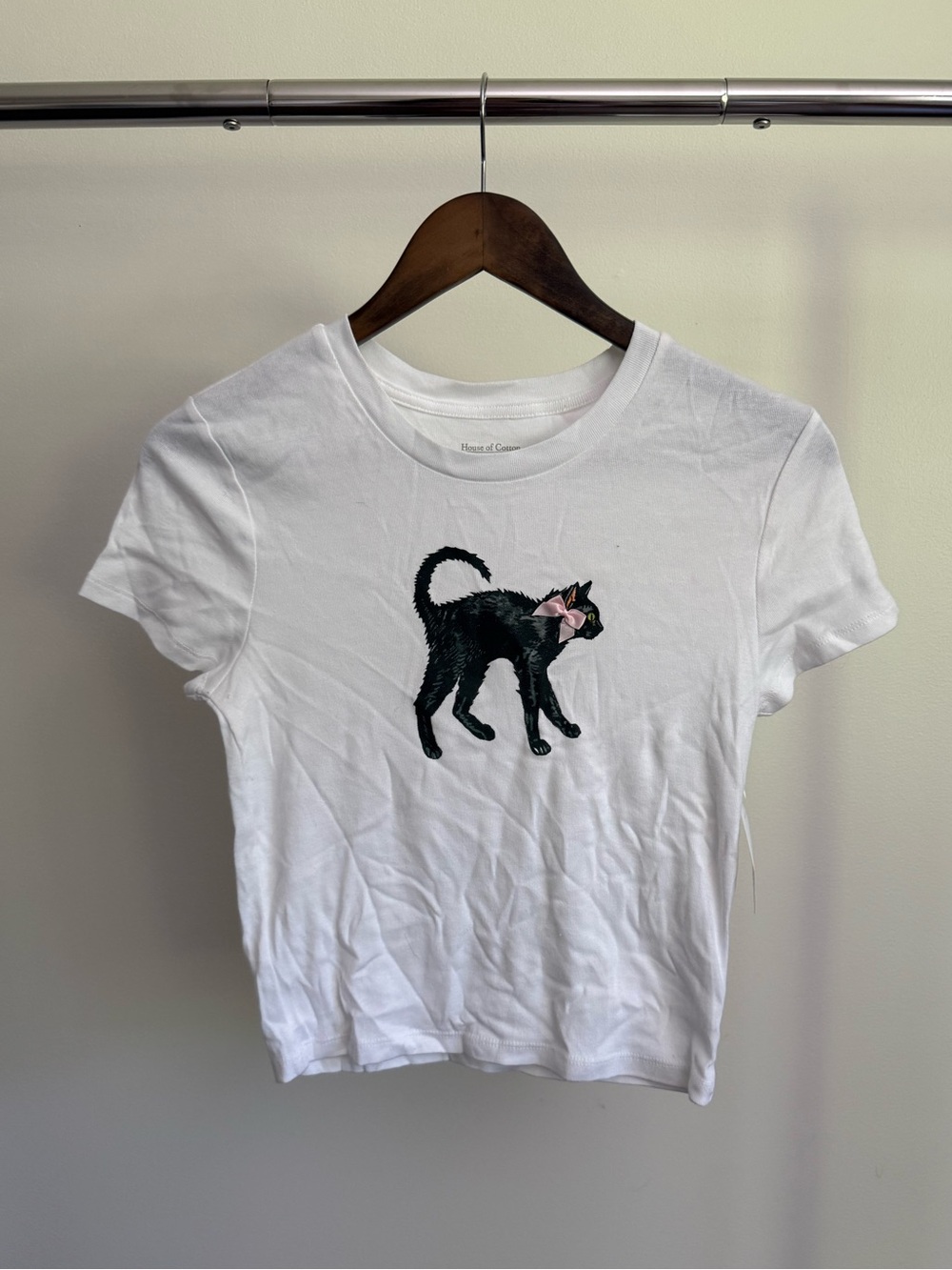 White Cat Tee with Black Cat and Pink Bow by